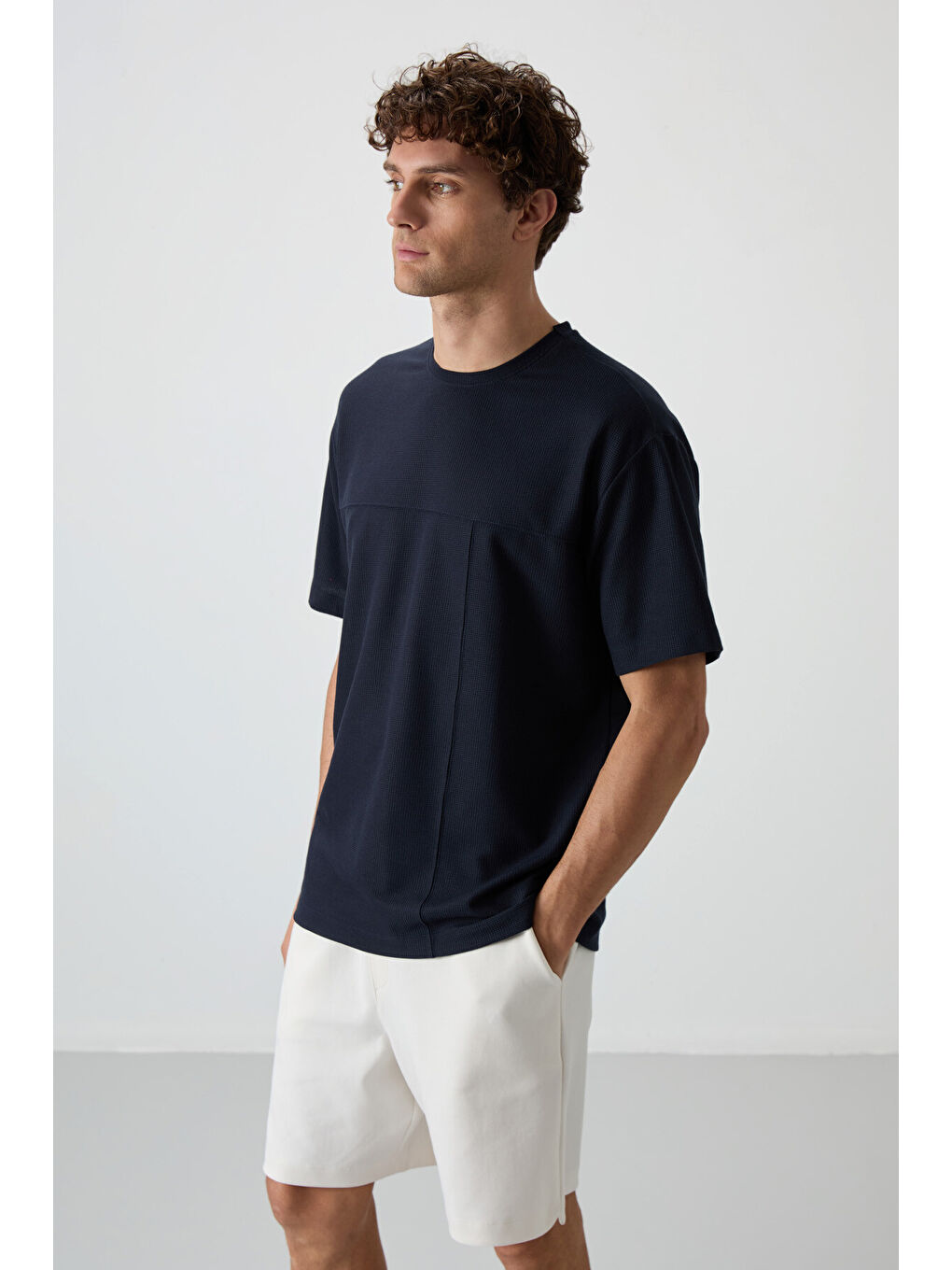 Lacivert Waffle İnterlok Yüzeyi Dokulu  Fit Basic Erkek Tişört - 88380-3