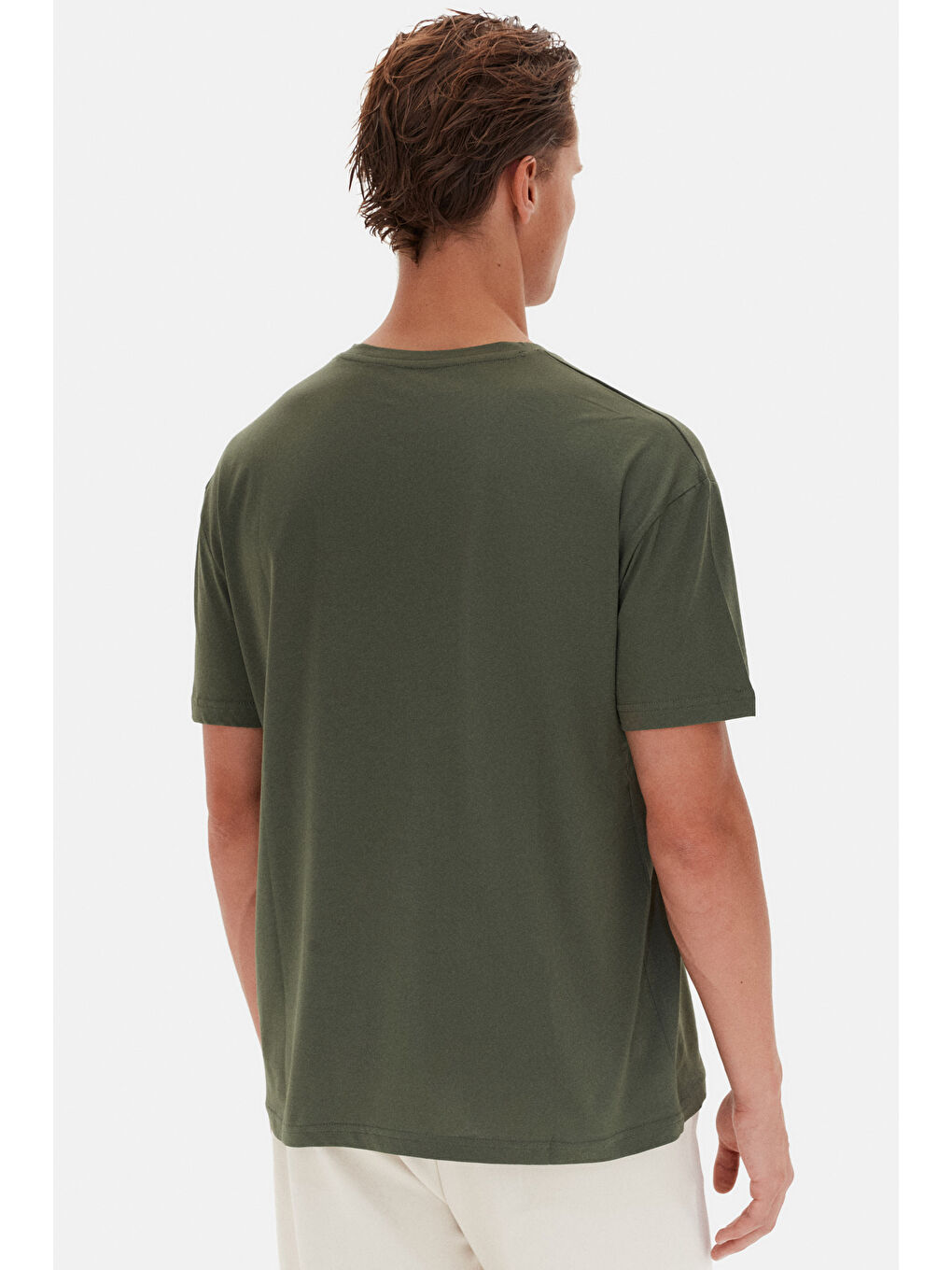 Oversize Haki Bisiklet Yaka %100 Pamuk Tişört-5