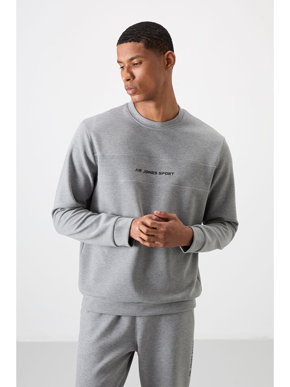 Gri Pamuklu Kalın Yumuşak Dokulu Comfort Fit Baskılı Erkek Eşofman Takım - 85253-3