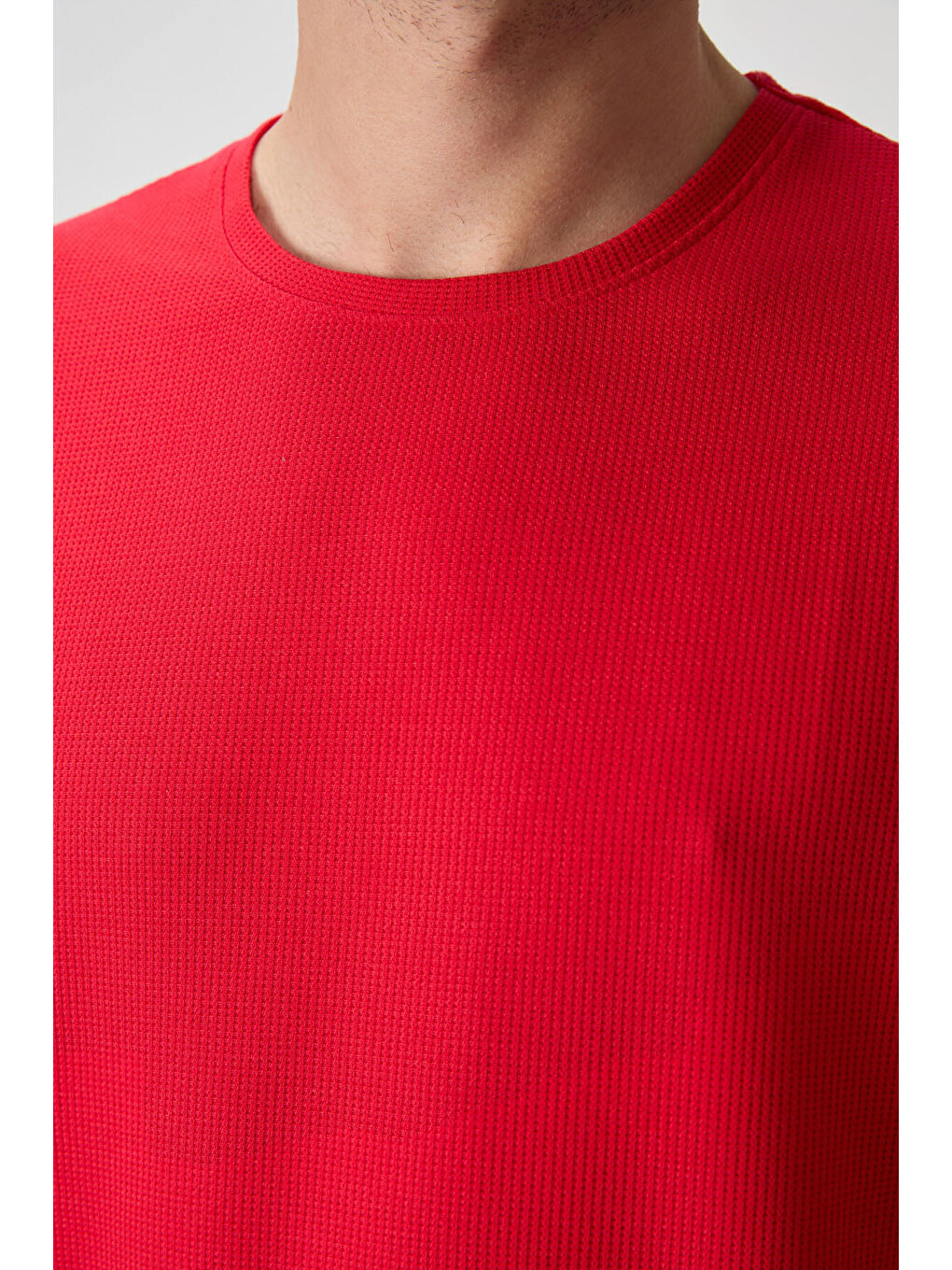 Kırmızı Waffle İnterlok Yüzeyi Dokulu  Fit Basic Erkek Tişört - 88379-2