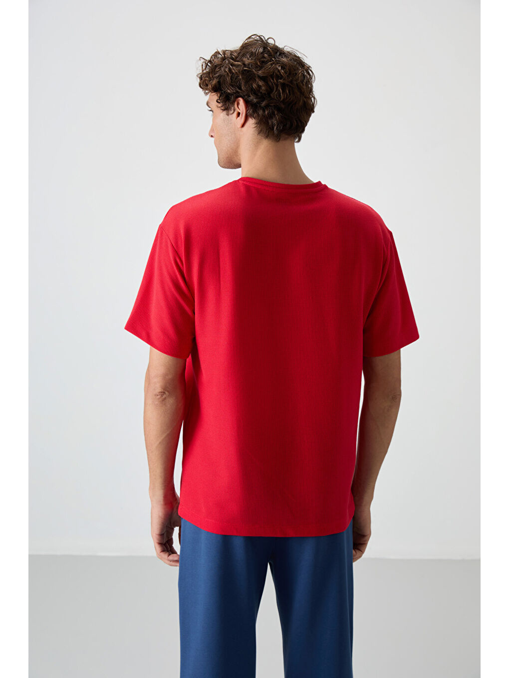 Kırmızı Waffle İnterlok Yüzeyi Dokulu  Fit Basic Erkek Tişört - 88379-4