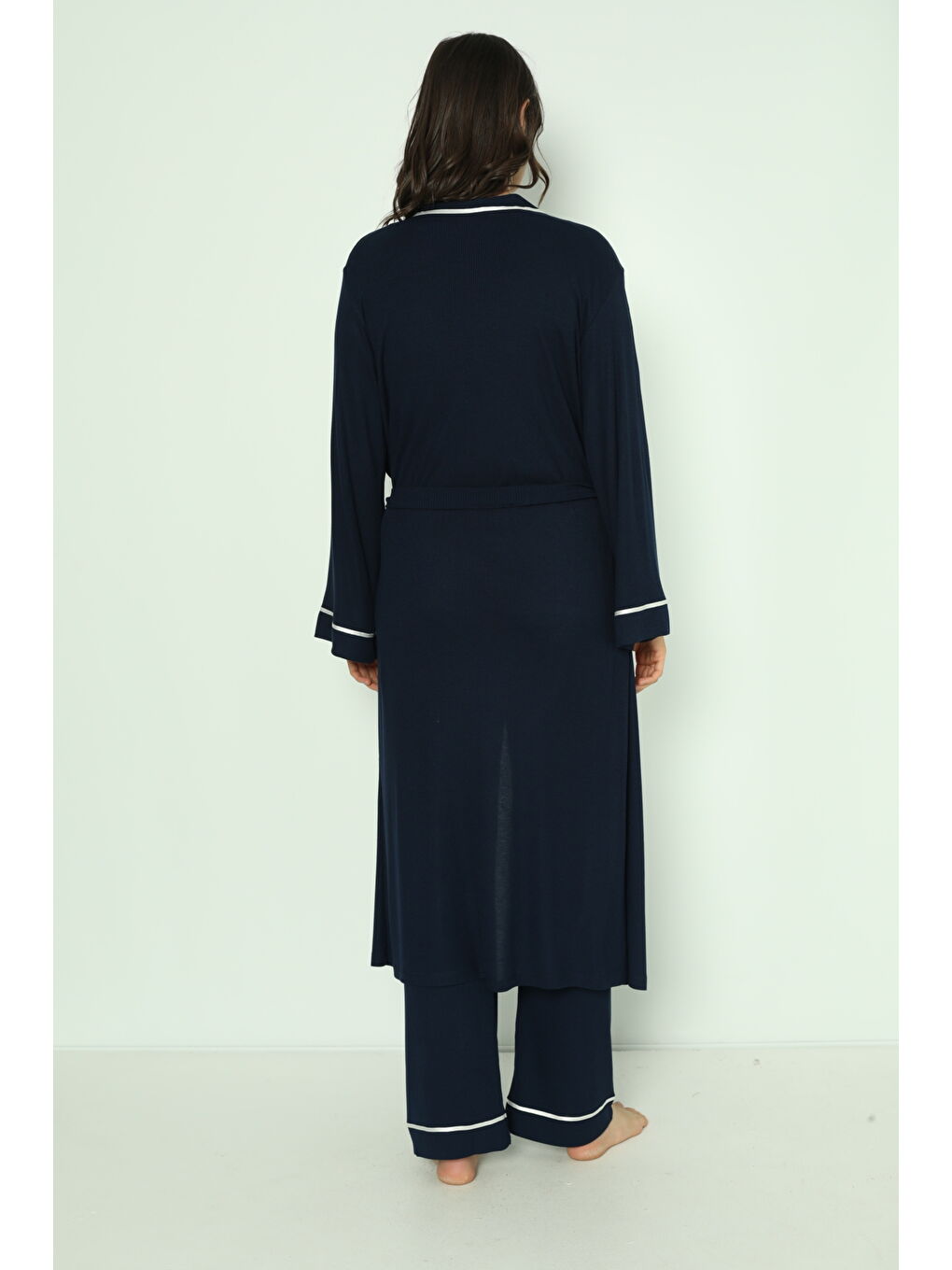 Lacivert Önden Düğmeli Uzun Sabahlıklı Hamile ve Lohusa Pijama Takımı-1