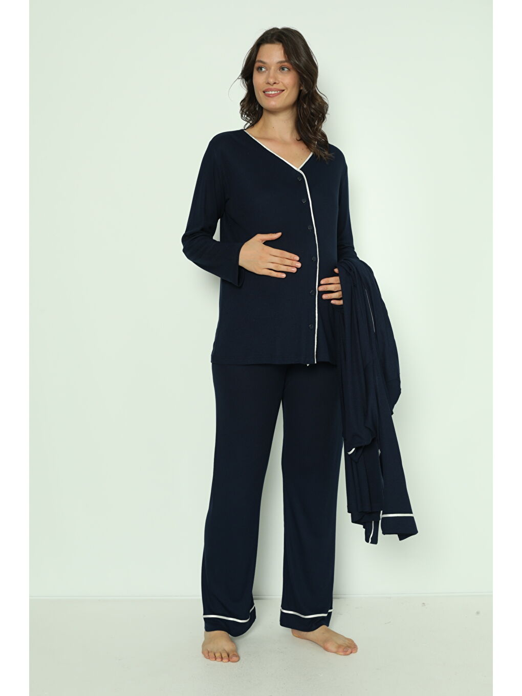 Lacivert Önden Düğmeli Uzun Sabahlıklı Hamile ve Lohusa Pijama Takımı-2