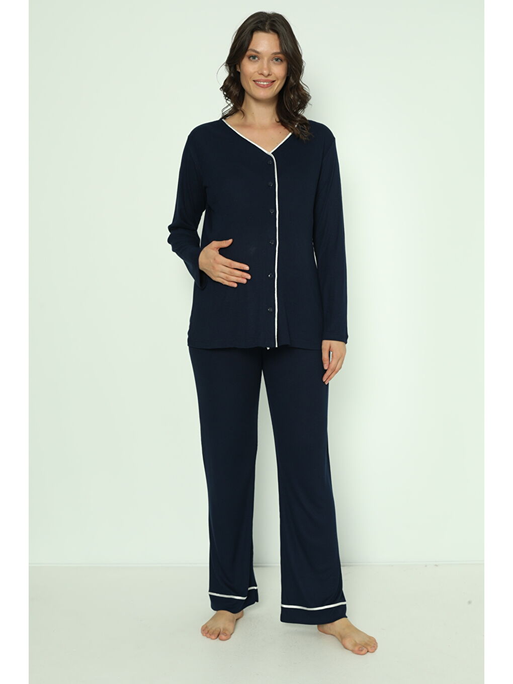 Lacivert Önden Düğmeli Uzun Sabahlıklı Hamile ve Lohusa Pijama Takımı-3