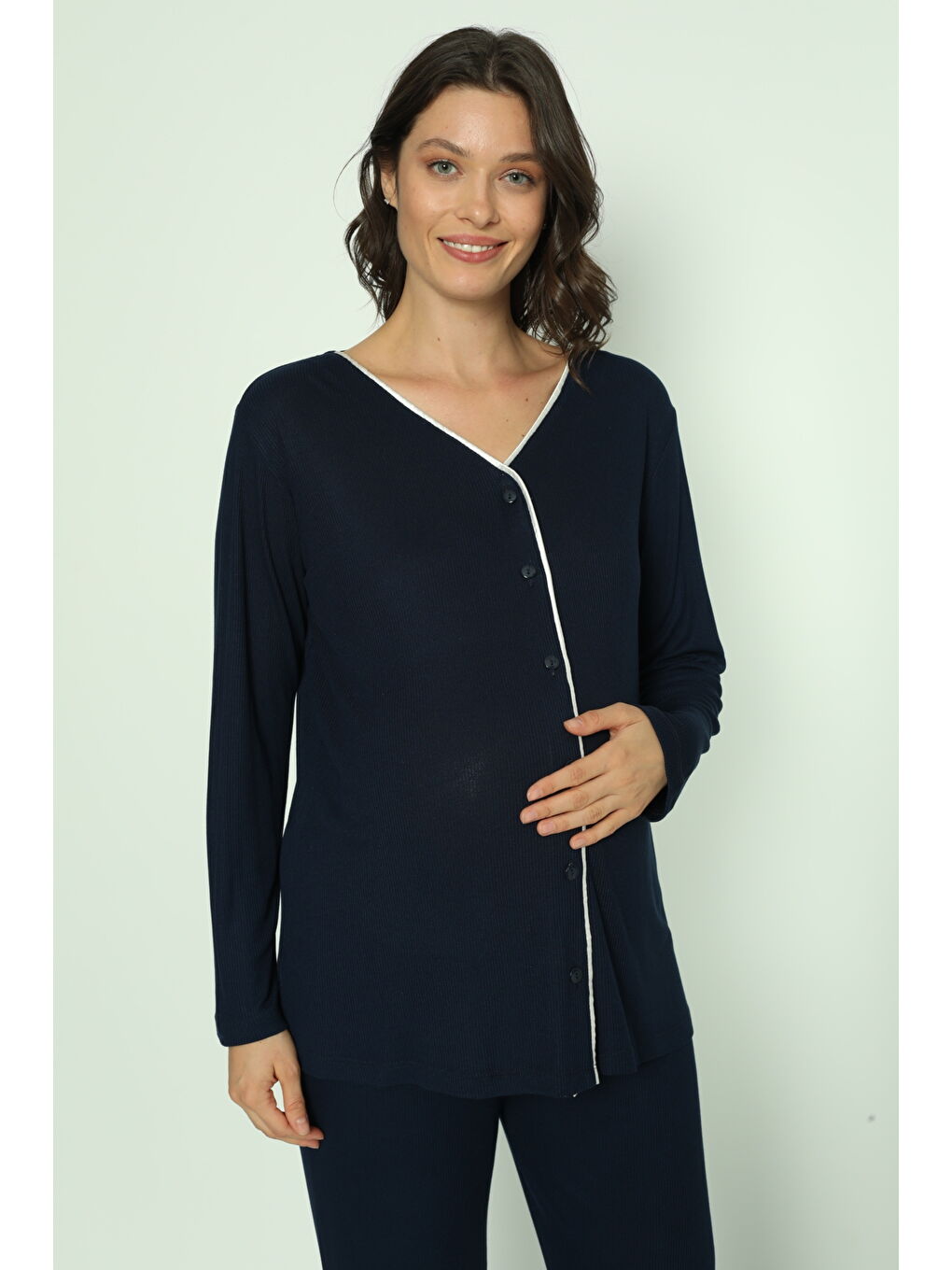 Lacivert Önden Düğmeli Uzun Sabahlıklı Hamile ve Lohusa Pijama Takımı-4