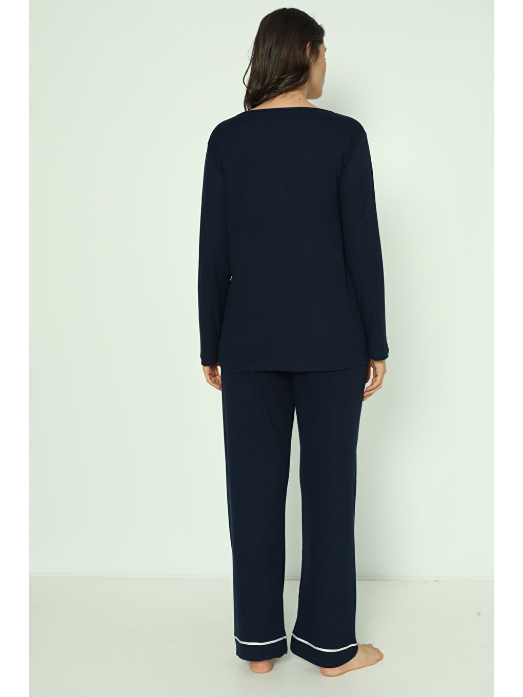 Lacivert Önden Düğmeli Uzun Sabahlıklı Hamile ve Lohusa Pijama Takımı-5