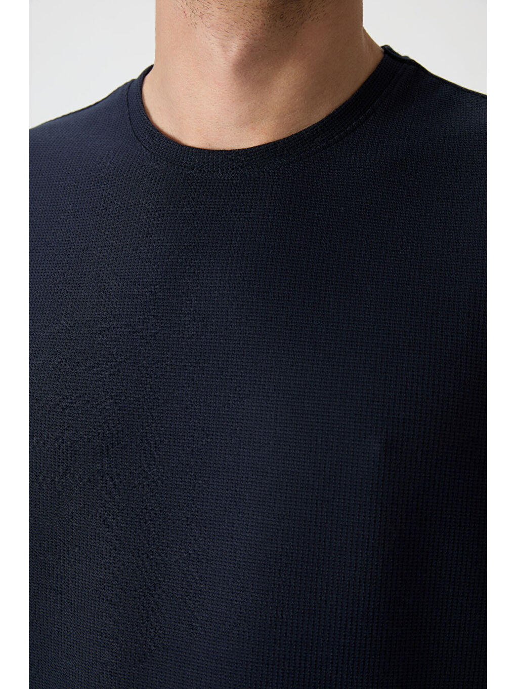 Lacivert Waffle İnterlok Yüzeyi Dokulu  Fit Basic Erkek Tişört - 88379-2