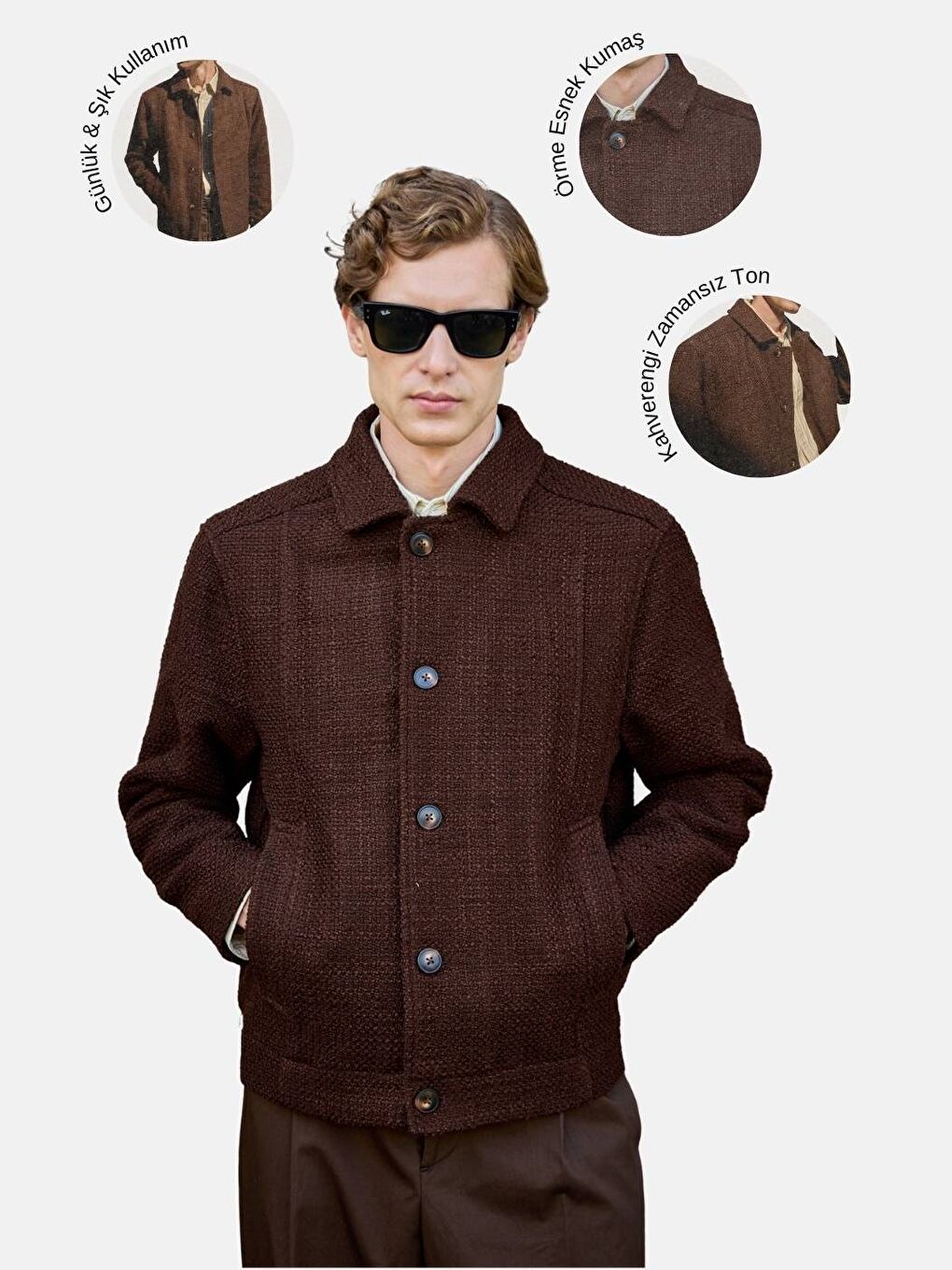 Erkek Tasarım Kumaş Teknik Mont Ceket Kahverengi