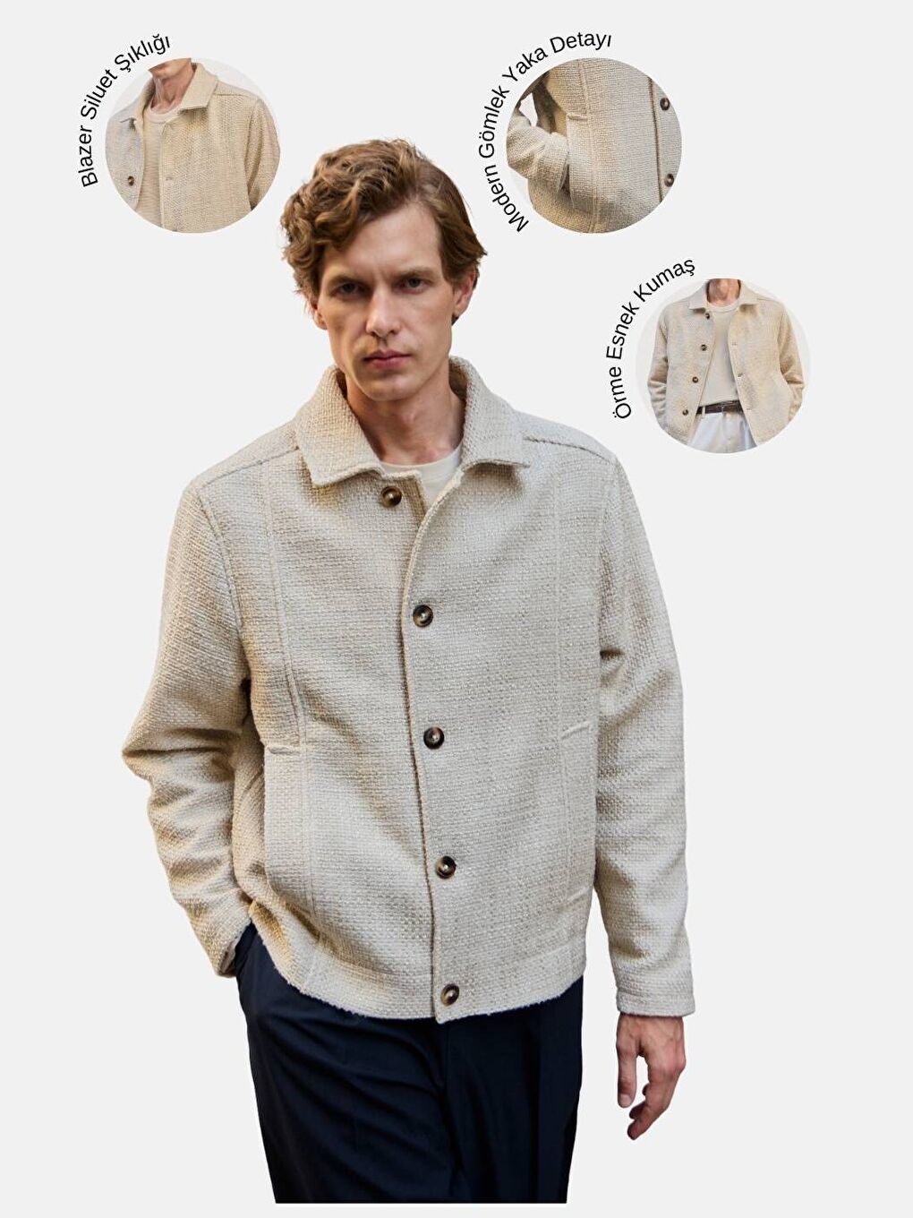 Erkek Tasarım Kumaş Teknik Mont Ceket Ekru