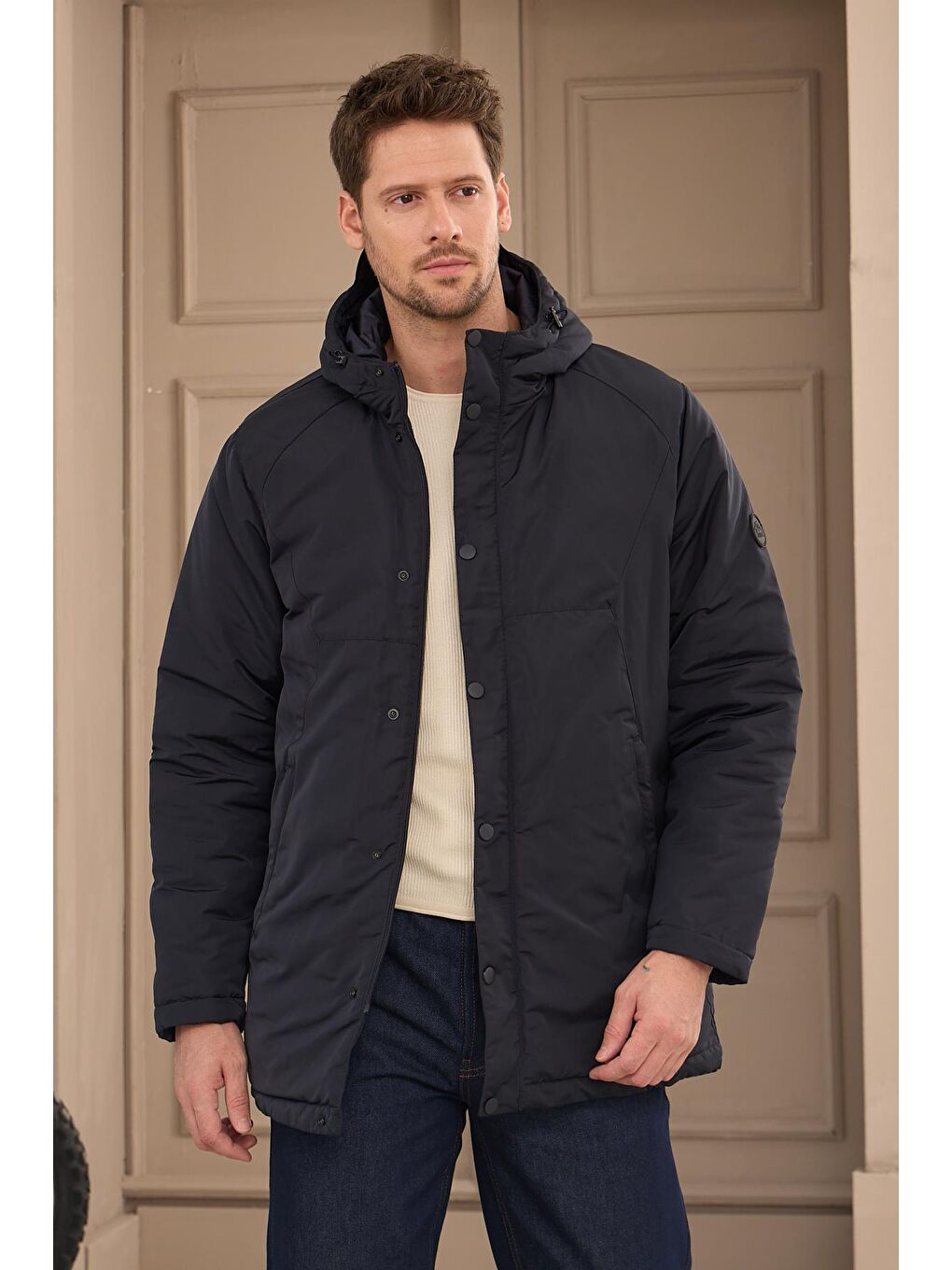 Erkek Kapüşonlu Su Geçirmez Mont Kaban Lacivert-1