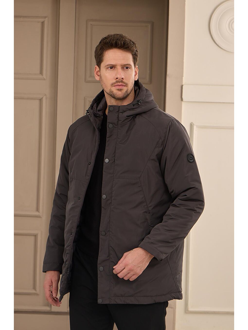 Erkek Kapüşonlu Su Geçirmez Mont Kaban Antrasit-2