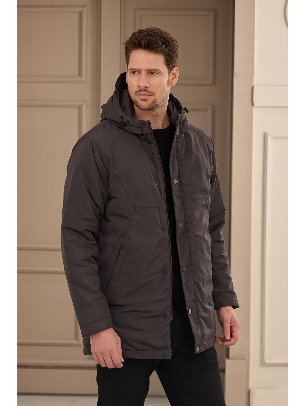 Erkek Kapüşonlu Su Geçirmez Mont Kaban Antrasit-3
