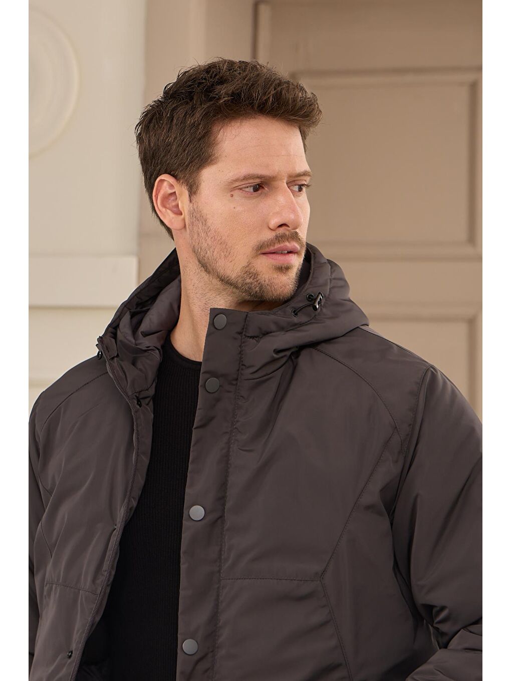 Erkek Kapüşonlu Su Geçirmez Mont Kaban Antrasit-6