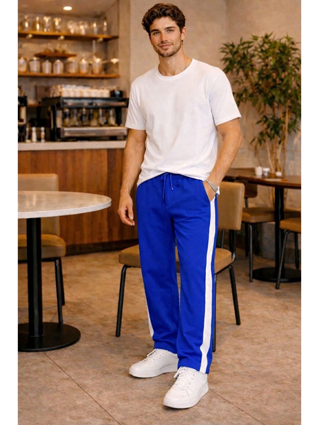 Mavi Erkek Beyaz Şeritli Eşofman Altı Bağcıklı Baggy Rahat Kesim Günlük Spor Pantolon