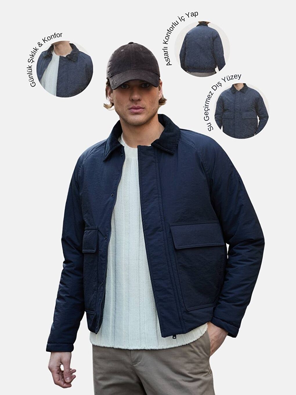 Su Geçirmez Kapitone Lacivert Mont Kadife Yaka Detaylı Mont