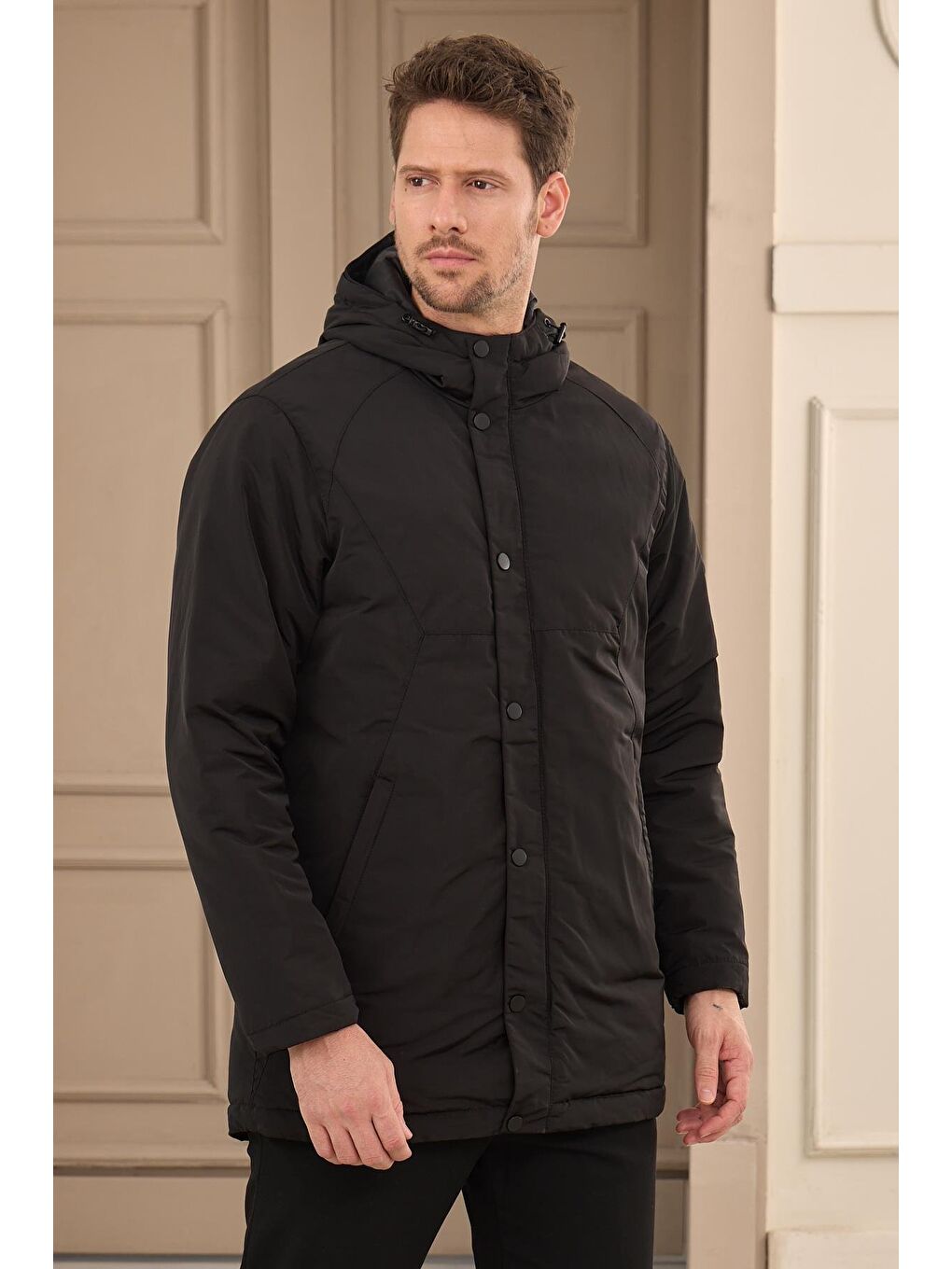 Erkek Kapüşonlu Su Geçirmez Mont Kaban Siyah-4