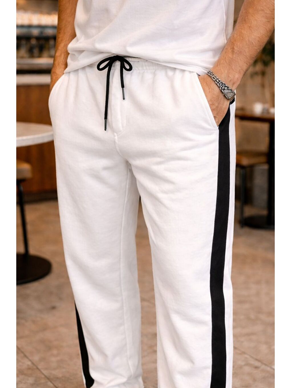 Erkek Beyaz Şeritli Eşofman Altı Bağcıklı Baggy Rahat Kesim Günlük Spor Pantolon-1
