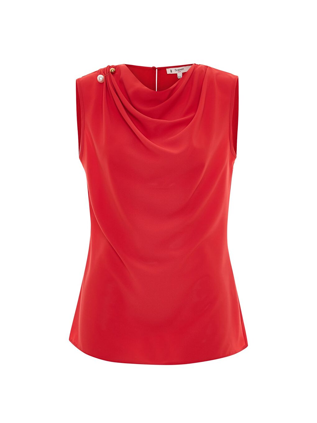 İnci Broşlu Degaje Bluz - Kırmızı-7