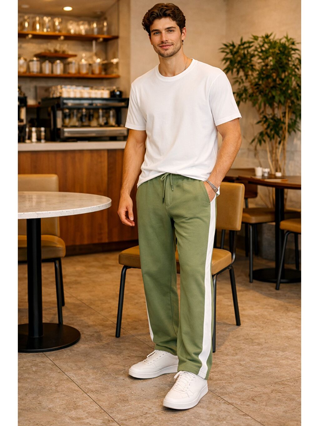 Haki Erkek Beyaz Şeritli Eşofman Altı Bağcıklı Baggy Rahat Kesim Günlük Spor Pantolon