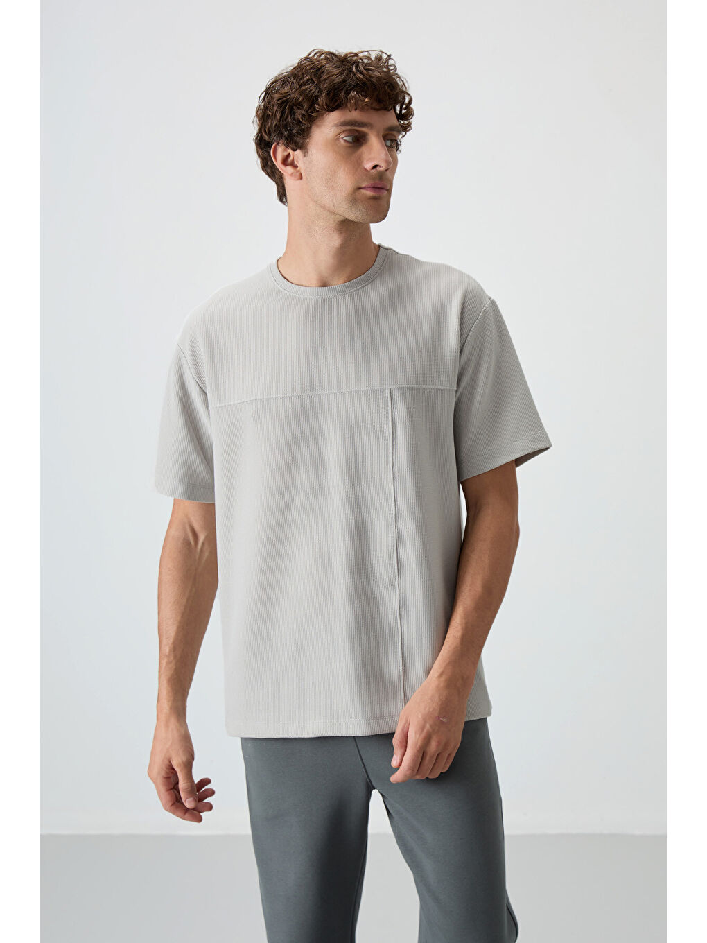 Bej Taş Waffle İnterlok Yüzeyi Dokulu  Fit Basic Erkek Tişört - 88380