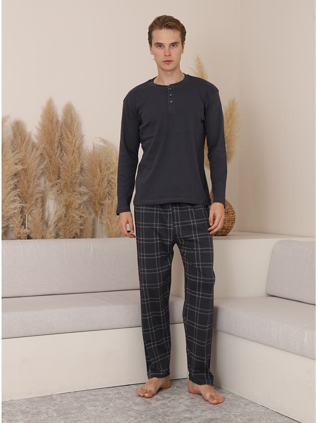 Gri Erkek %100 Doğal Pamuk Ekoseli Düğmeli Uzun Kol Kaliteli Pijama Takımı