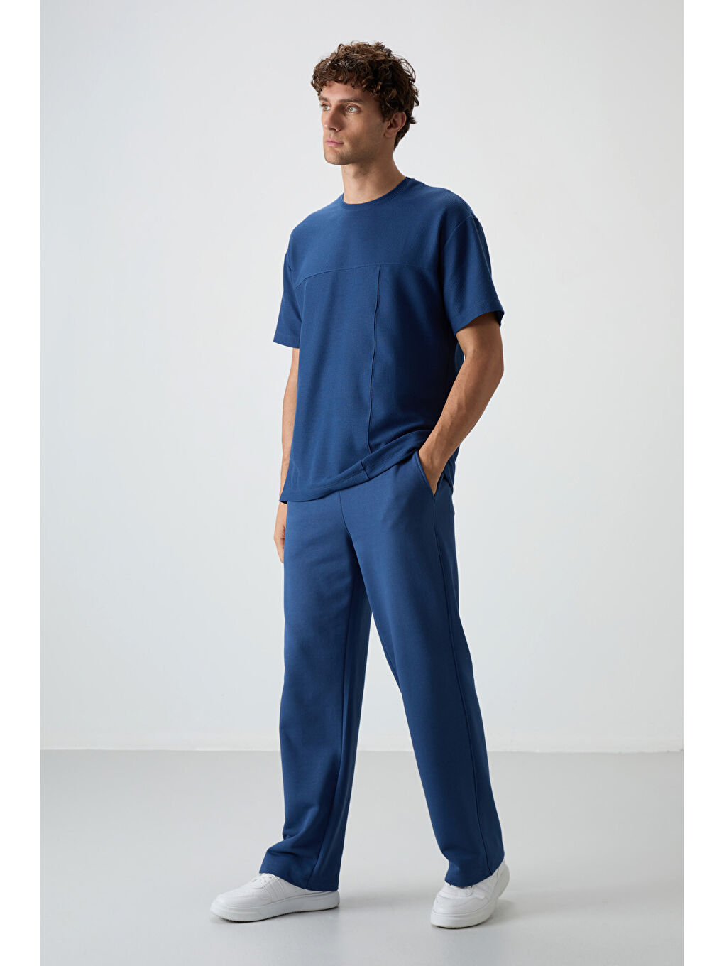 Mavi Waffle İnterlok Yüzeyi Dokulu  Fit Basic Erkek Tişört - 88380-1