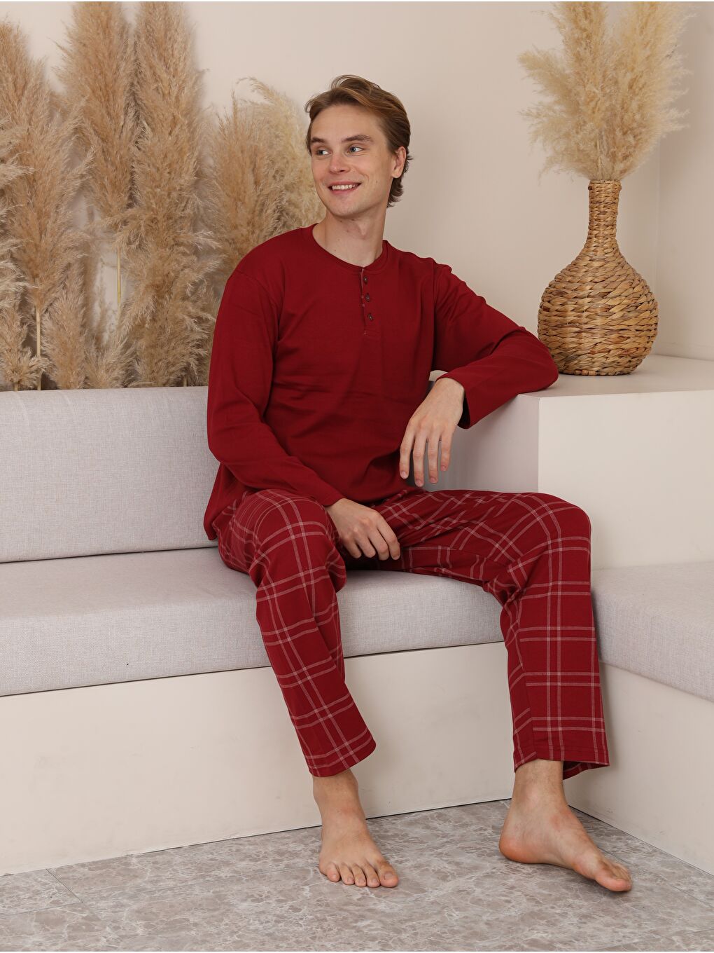 Bordo Erkek %100 Doğal Pamuk Ekoseli Düğmeli Uzun Kol Kaliteli Pijama Takımı-1