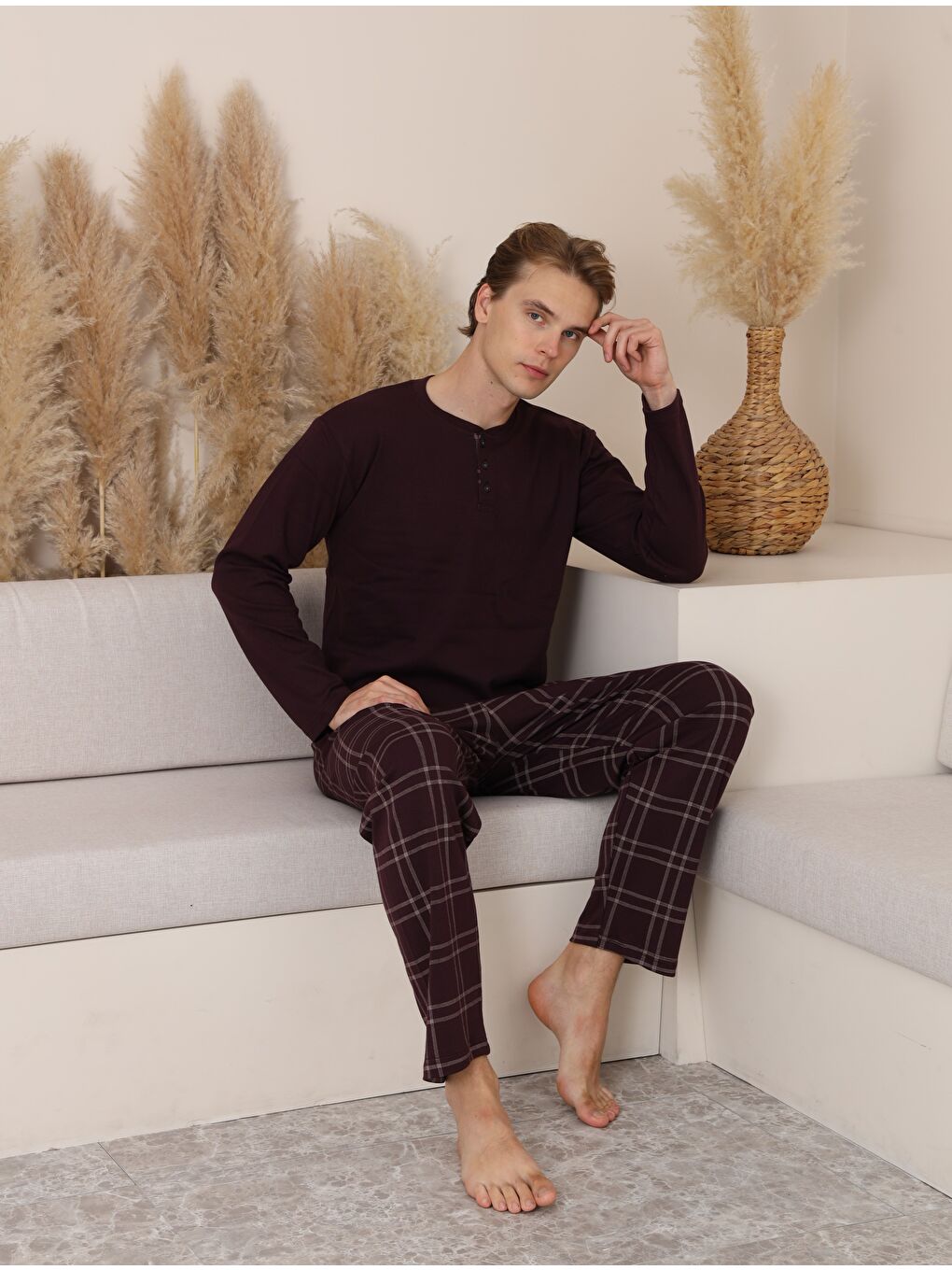 Mor Erkek %100 Doğal Pamuk Ekoseli Düğmeli Uzun Kol Kaliteli Pijama Takımı-1
