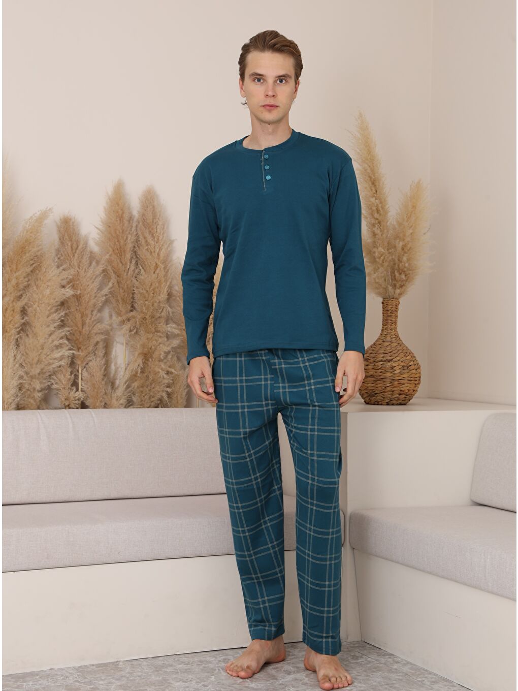 Mavi Erkek %100 Doğal Pamuk Ekoseli Düğmeli Uzun Kol Kaliteli Pijama Takımı