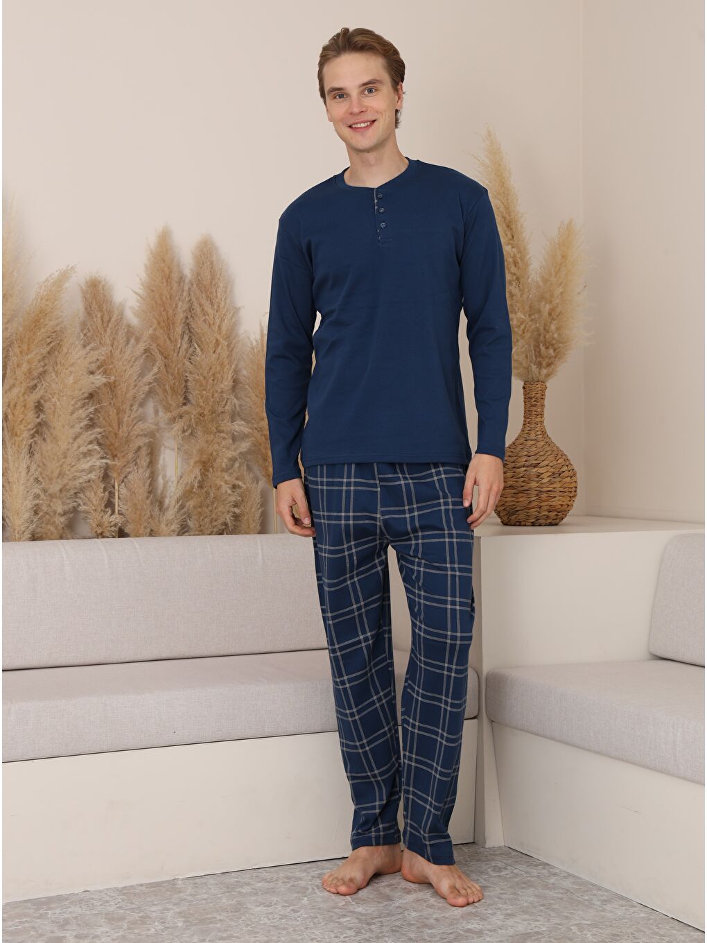 Lacivert Erkek %100 Doğal Pamuk Ekoseli Düğmeli Uzun Kol Kaliteli Pijama Takımı