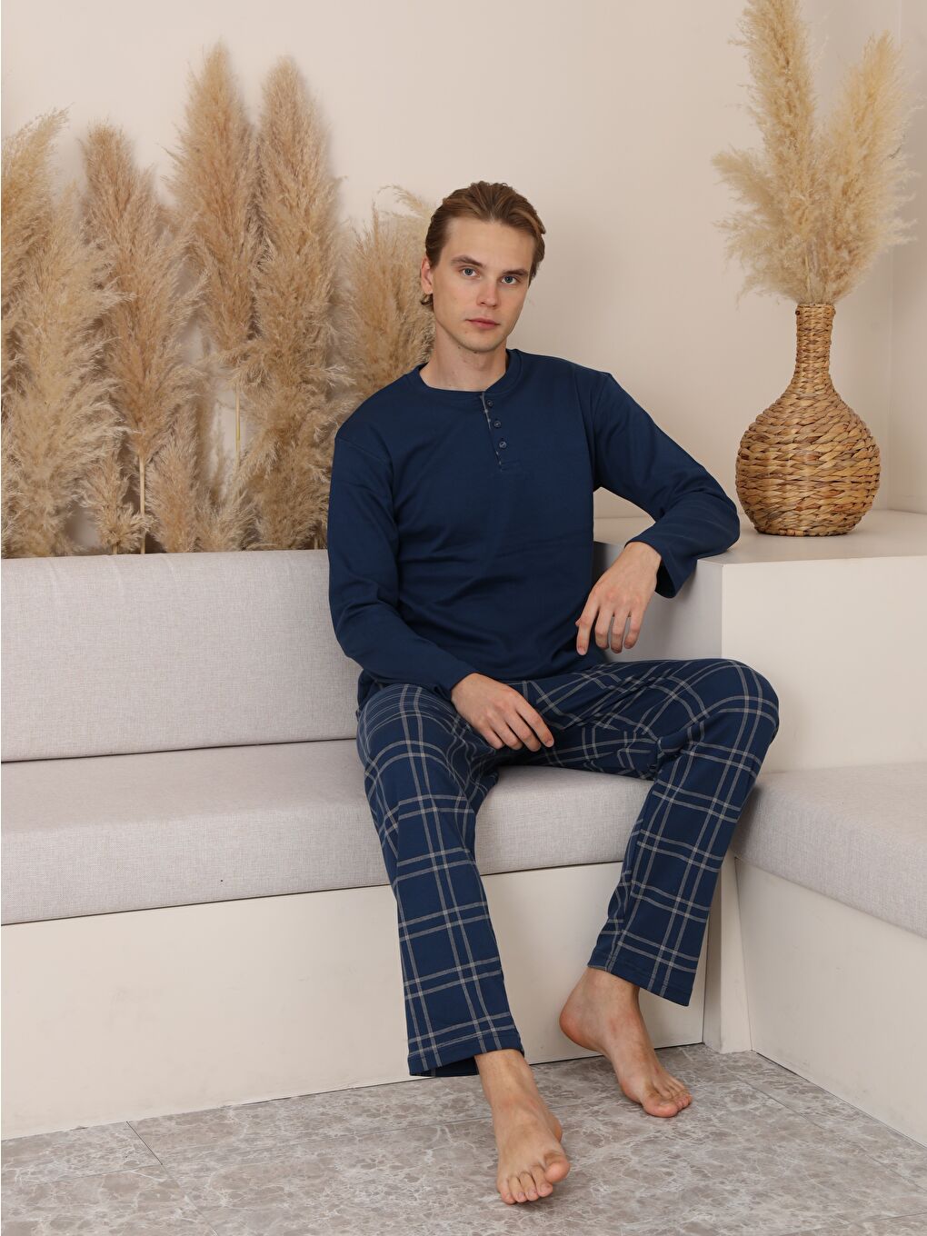 Lacivert Erkek %100 Doğal Pamuk Ekoseli Düğmeli Uzun Kol Kaliteli Pijama Takımı-1