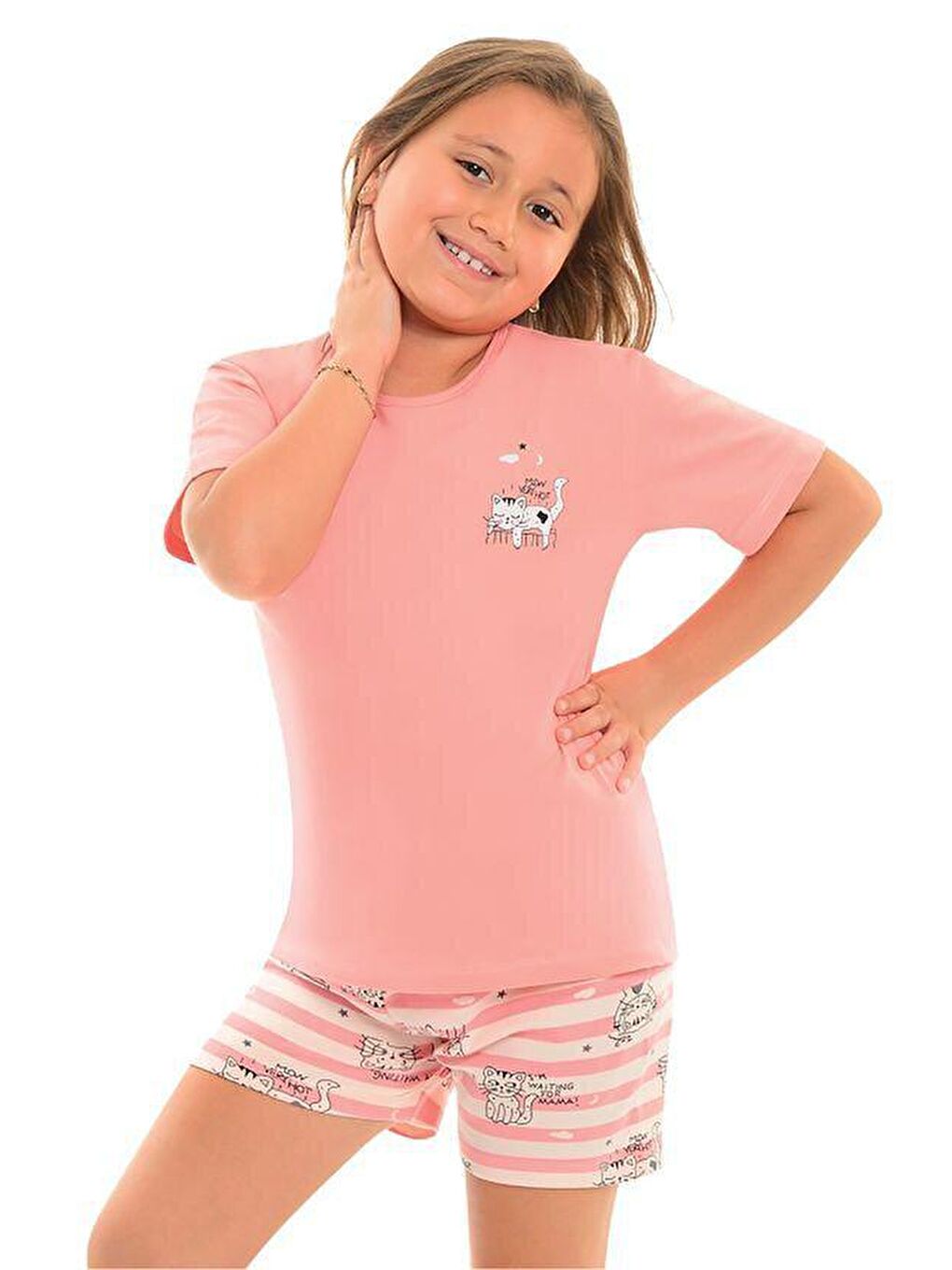 LITTLE FROG KIDS Şeftali Pamuklu Kısa Kollu Desenli Şortlu Kız Çocuk Pijama Takım