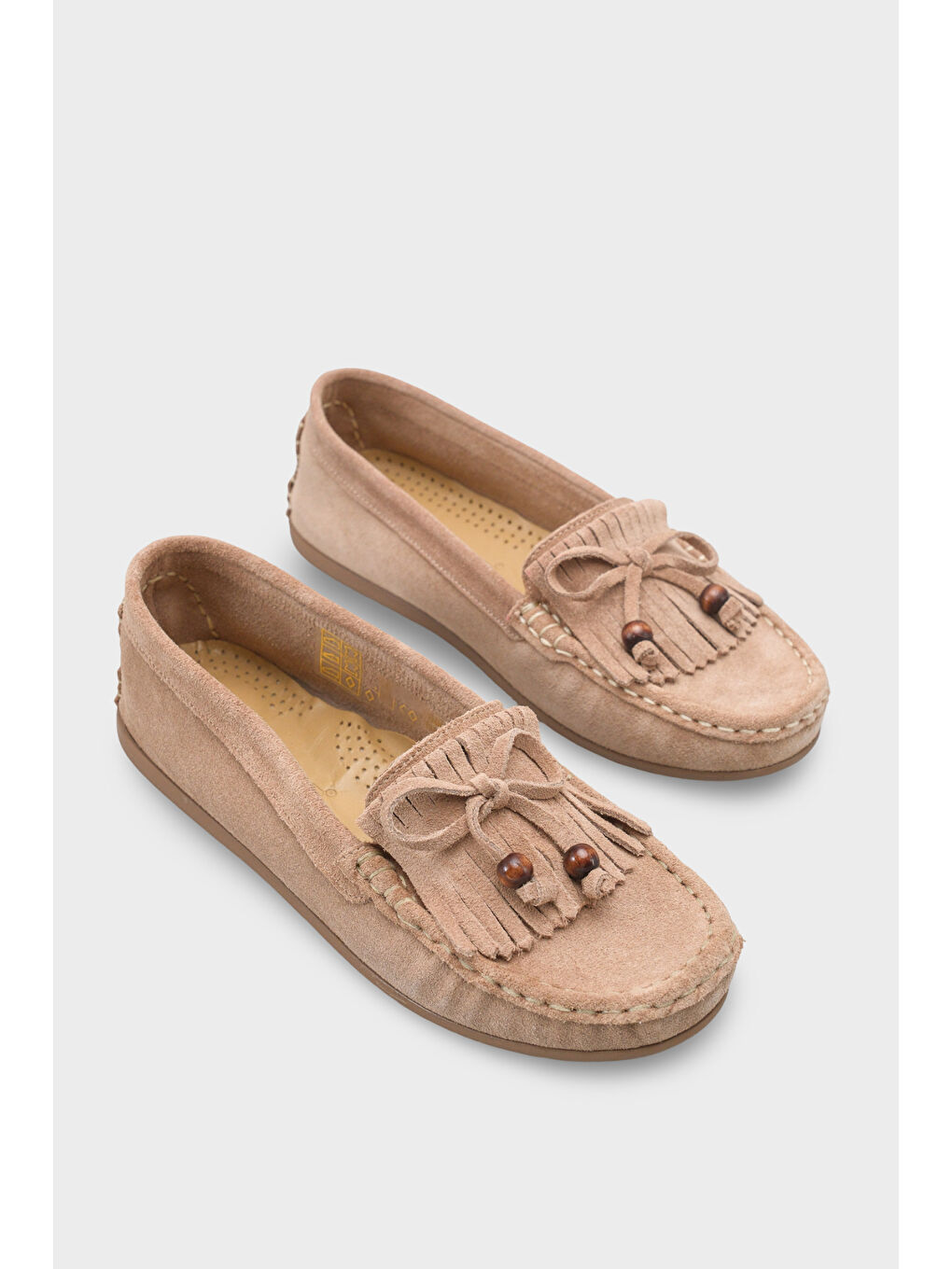 Bej Almire Hakiki Deri Süet Boncuklu Püsküllü Konfor Kadın Loafer Ayakkabı-1
