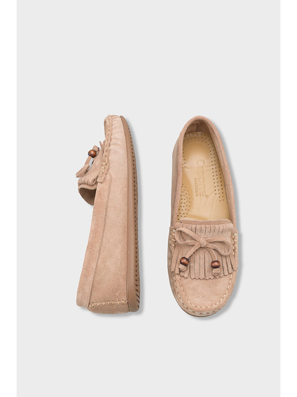 Bej Almire Hakiki Deri Süet Boncuklu Püsküllü Konfor Kadın Loafer Ayakkabı-4