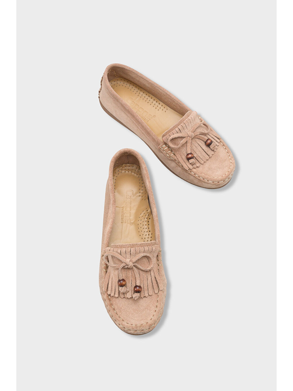 Bej Almire Hakiki Deri Süet Boncuklu Püsküllü Konfor Kadın Loafer Ayakkabı-5