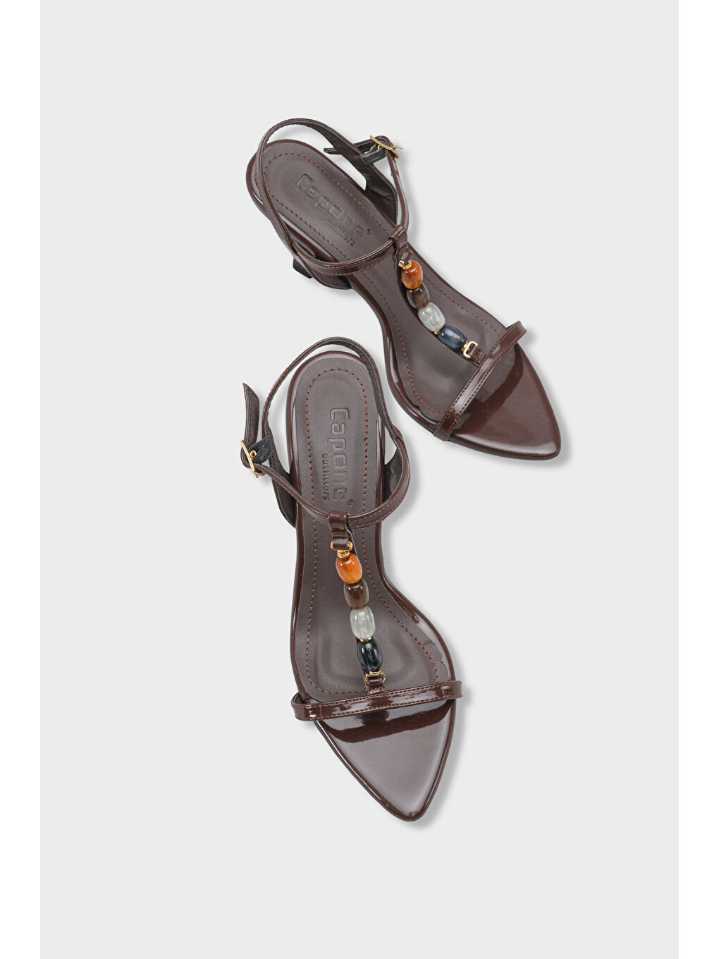 Kahverengi Cassy Sivri Burunlu Taşlı Bilekten Bantlı Orta Topuklu Kadın Ayakkabı-5