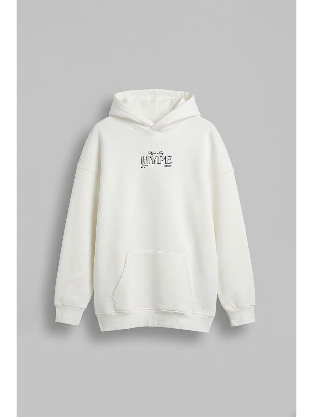 Unisex Oversize Hype Baskılı Premium Kapüşonlu Erkek Hoodie Ekru-1