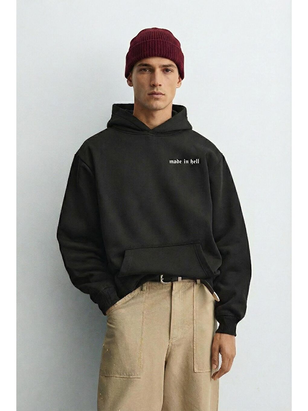 Erkek Oversize Baskılı Premium Kapüşonlu Sweatshirt Siyah-2