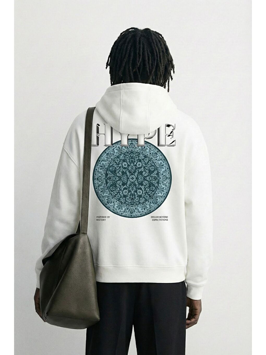 Unisex Oversize Hype Baskılı Premium Kapüşonlu Erkek Hoodie Ekru-3