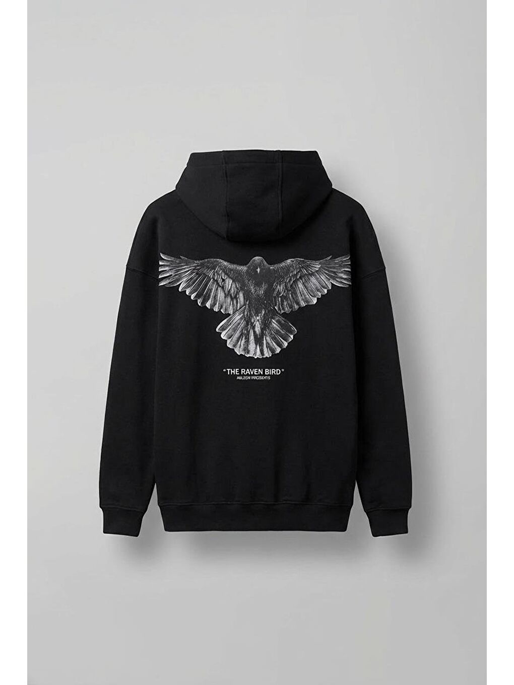Unisex Oversize Raven Baskılı Premium Kapüşonlu Erkek Hoodie Siyah