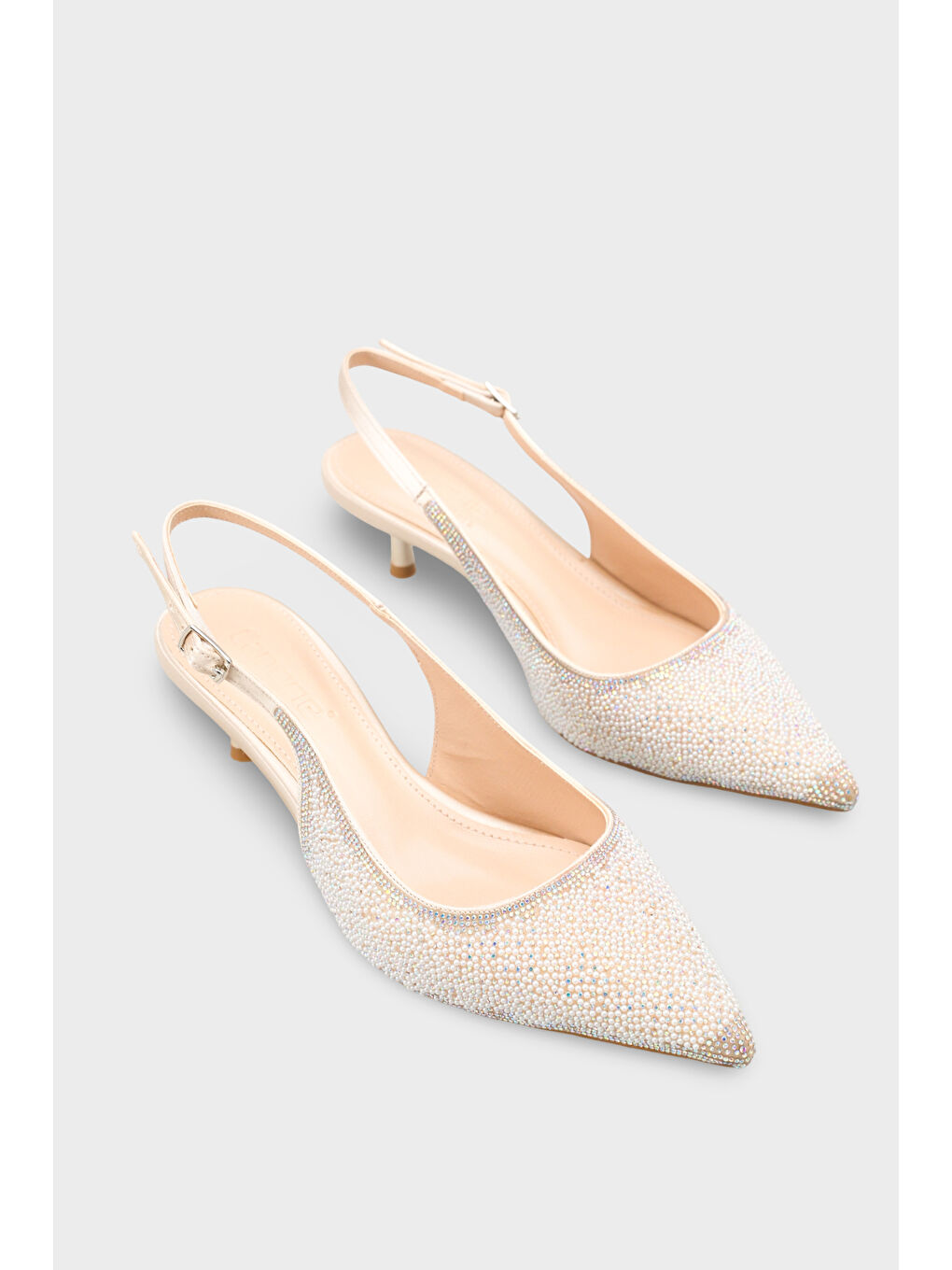 Bej Denyse Komple Taşlı Sivri Burunlu Saten Arkası Bantlı Kadın Ayakkabı-1