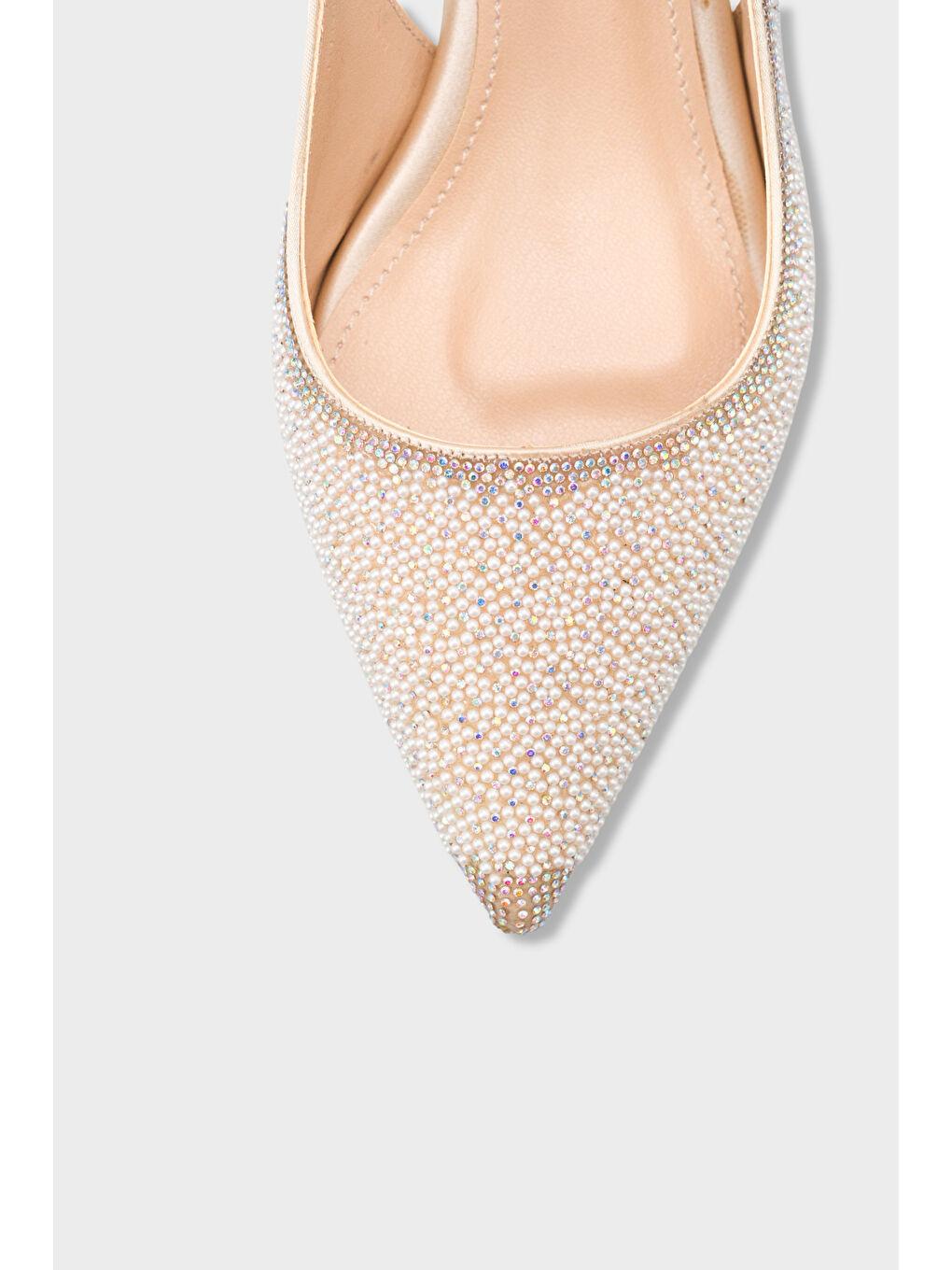 Bej Denyse Komple Taşlı Sivri Burunlu Saten Arkası Bantlı Kadın Ayakkabı-2