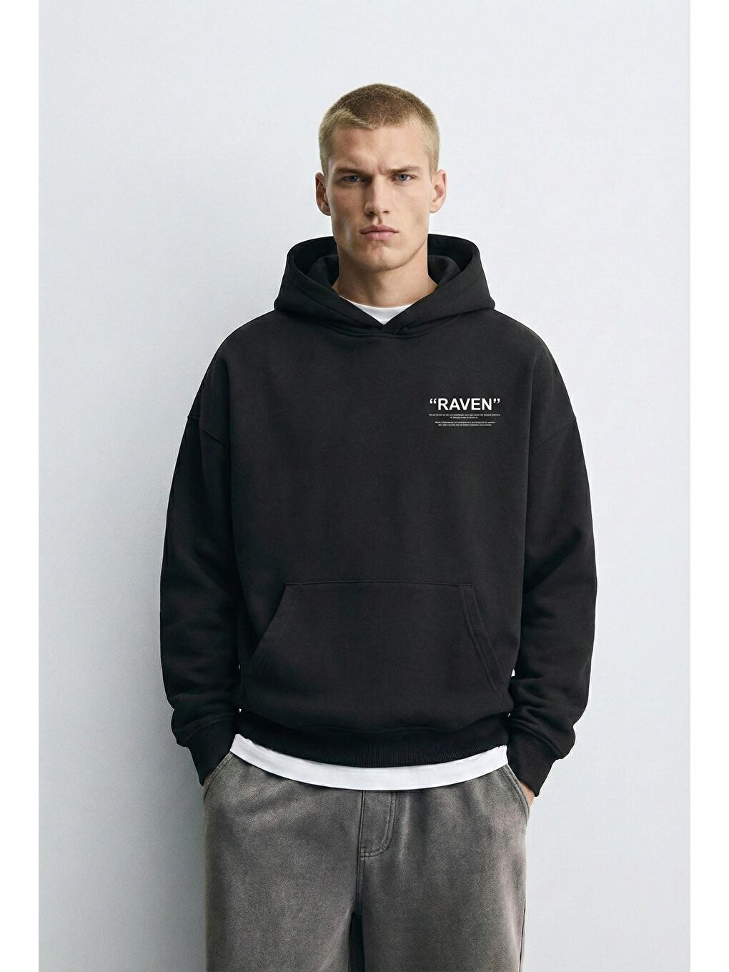 Unisex Oversize Raven Baskılı Premium Kapüşonlu Erkek Hoodie Siyah-2