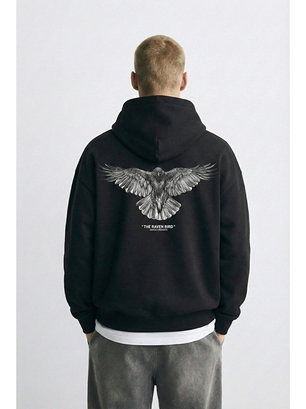 Unisex Oversize Raven Baskılı Premium Kapüşonlu Erkek Hoodie Siyah-3