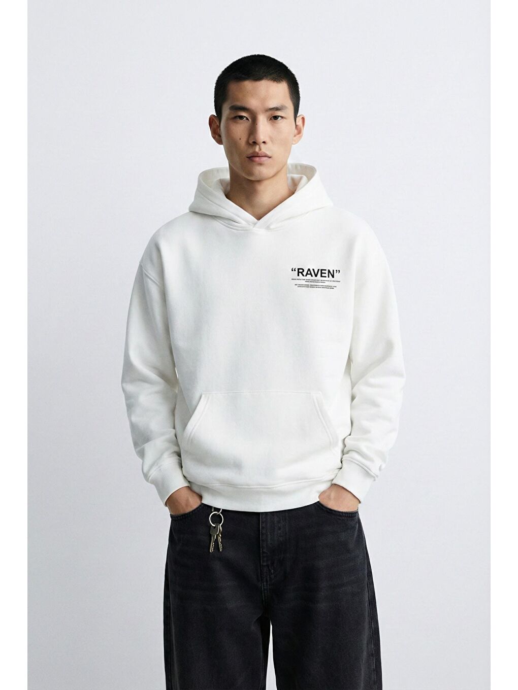 Unisex Oversize Raven Baskılı Premium Kapüşonlu Erkek Hoodie Ekru-2