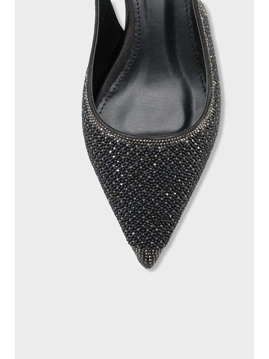 Siyah Denyse Komple Taşlı Sivri Burunlu Saten Arkası Bantlı Kadın Ayakkabı-2