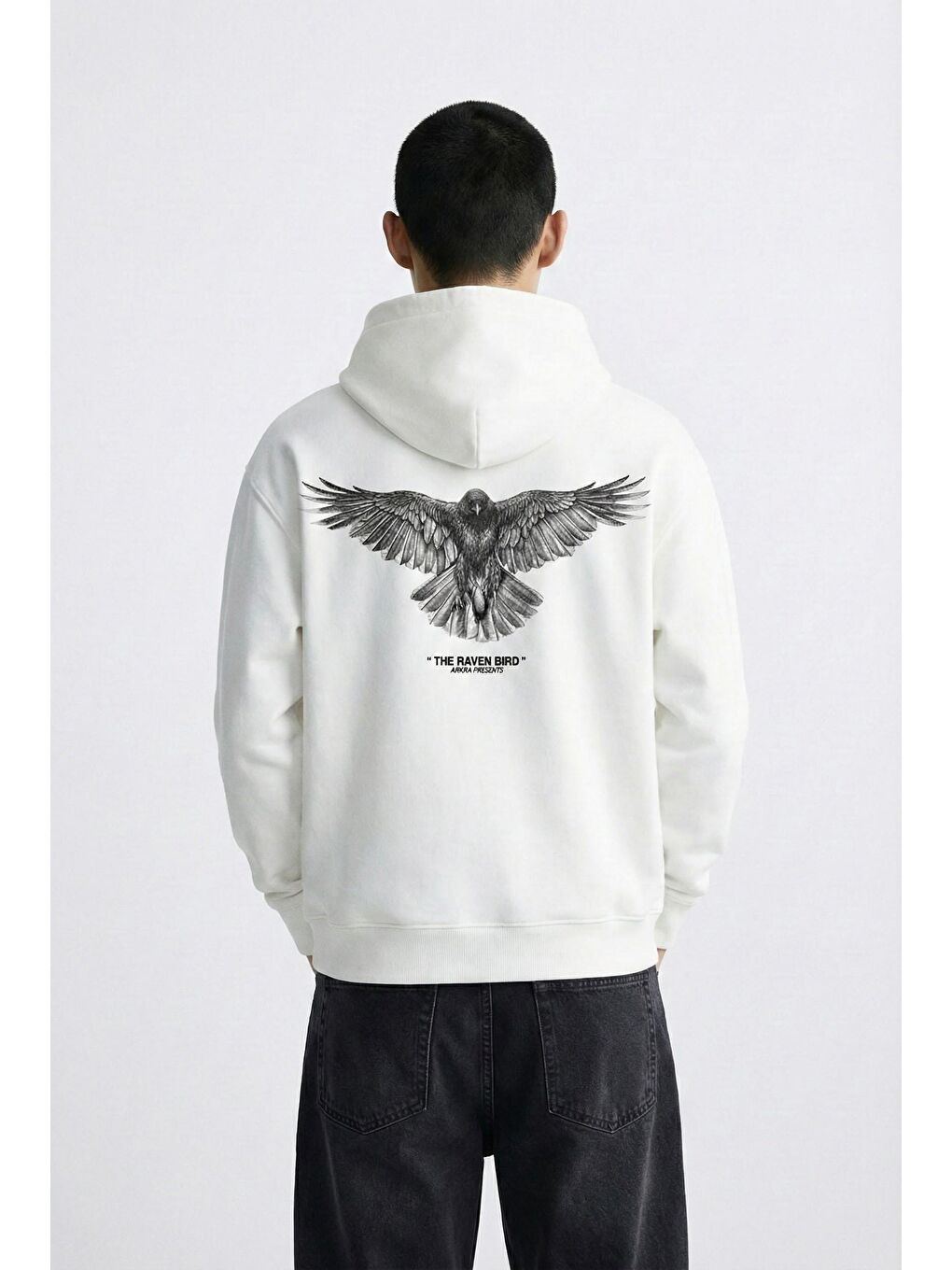 Unisex Oversize Raven Baskılı Premium Kapüşonlu Erkek Hoodie Ekru-3