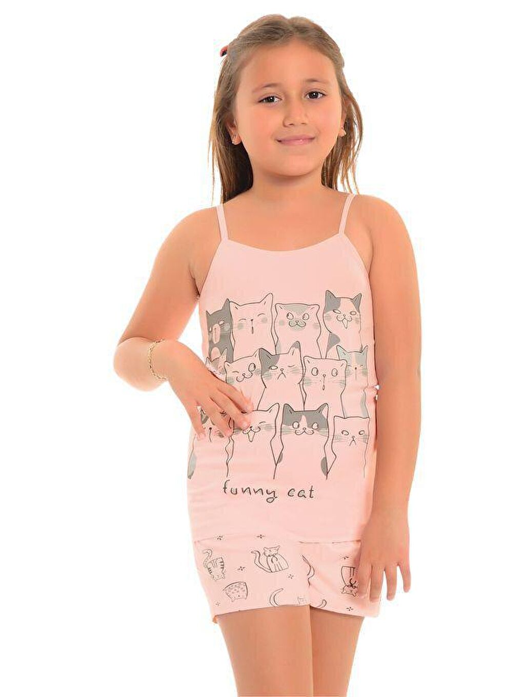 LITTLE FROG KIDS Pembe Pamuklu İnce Askılı Desenli Şortlu Kız Çocuk Pijama Takım