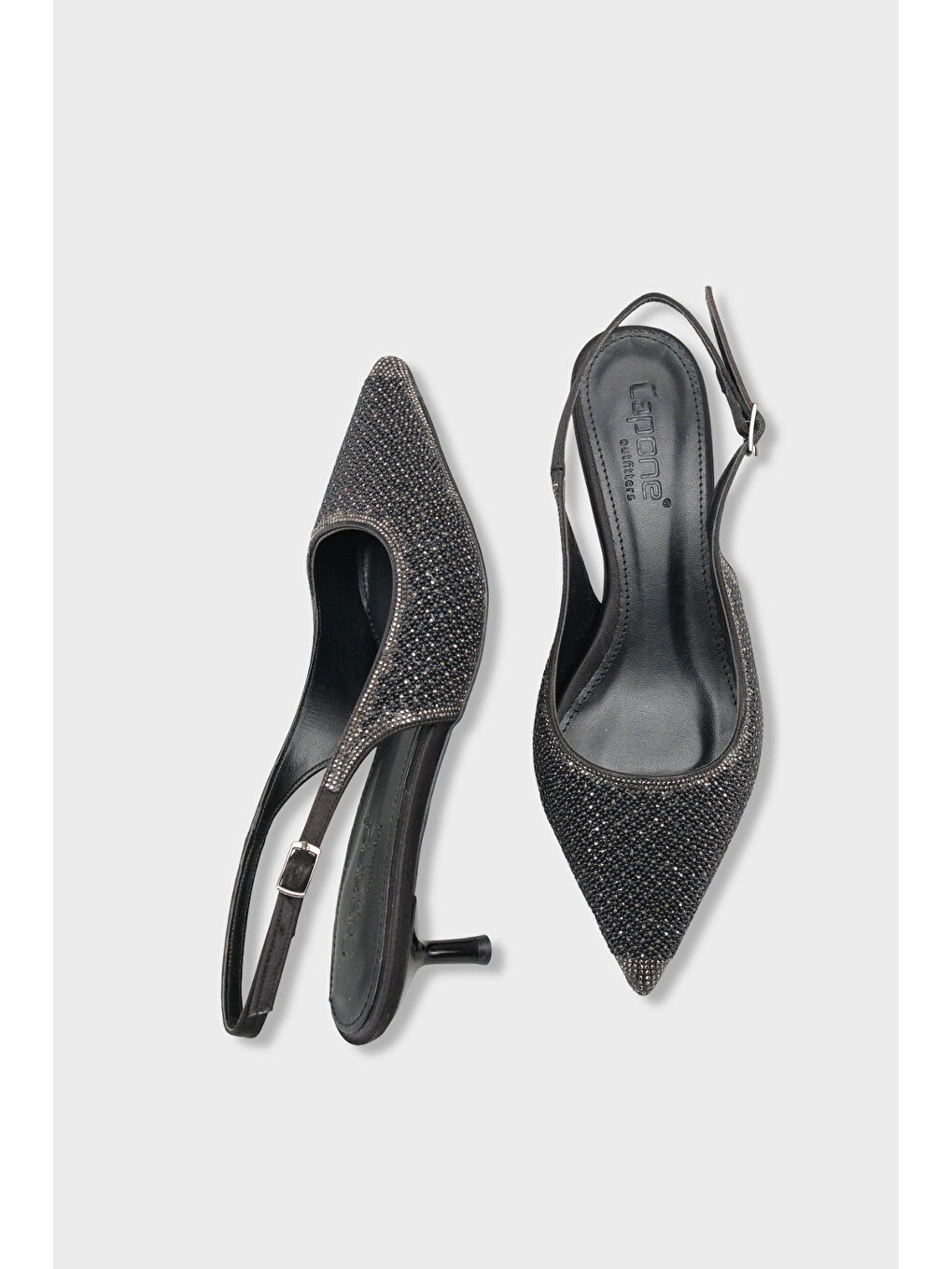 Siyah Denyse Komple Taşlı Sivri Burunlu Saten Arkası Bantlı Kadın Ayakkabı-4