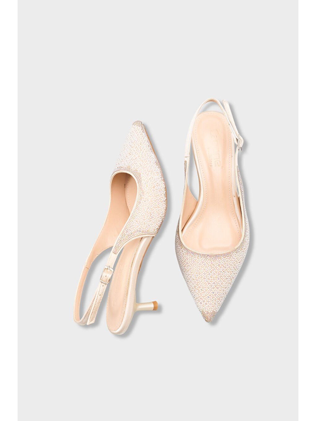 Bej Denyse Komple Taşlı Sivri Burunlu Saten Arkası Bantlı Kadın Ayakkabı-4